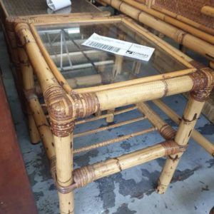 SECOND HAND FURNITURE - CANE SIDE TABLE WITH GLASS TOP SOLD AS IS