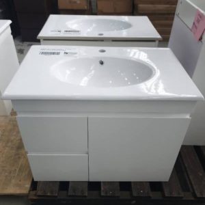 750MM WALL HUNG VANITY GLOSS WHITE FINGER PULL WITH 2 DRAWERS LEFT & SINGLE DOOR RIGHT WITH WHITE CERAMIC VANITY TOP