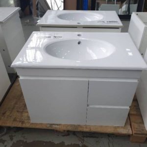 750MM WALL HUNG VANITY GLOSS WHITE FINGER PULL WITH 2 DRAWERS RIGHT & SINGLE DOOR LEFT WITH WHITE CERAMIC VANITY TOP