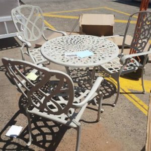EX FURNITURE HIRE - WHITE METAL GARDEN SETTING TABLE WITH 3 CHAIRS SOLD AS IS