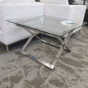 EX HIRE - SILVER CROSS LEG SIDE TABLE WITH GLASS TOP SOLD AS IS