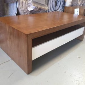 NEW VALE AUSTRALIAN TIMBER COFFEE TABLE WITH 2 WHITE DRAWERS