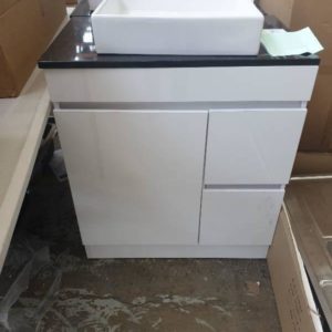 750MM GLOSS WHITE VANITY WITH DRAWERS AND STONE BENCH TOP WITH ABOVE COUNTER BOWL BN-750