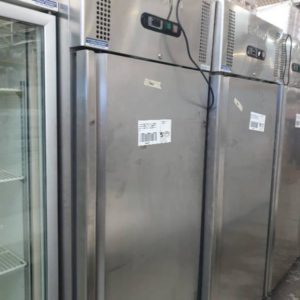 SECOND HAND COMMERCIAL CATERING BROMIC S/STEEL FRIDGE GN650TN ON WHEELS ADJUSTABLE SHELVING SOLD AS IS