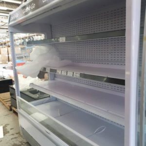 SECOND HAND COMMERCIAL CATERING BROMIC LARGE OPEN SHELF DISPLAY FRIDGE ON WHEELS SOLD AS IS