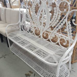EX HIRE FURNITURE - WHITE WICKER PEACOCK HIGH BACK 2 SEATER COUCH SOLD AS IS