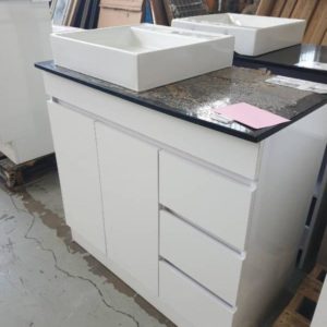 900MM WHITE BATHROOM VANITY WITH STONE TOP AND RIVA ABOVE COUNTER VANITY BASIN MODEL BN885