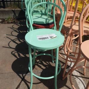 EX HIRE - MINT GREEN METAL BAR STOOL WITH BACK SOLD AS IS