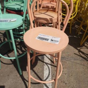 EX HIRE - PEACH METAL BAR STOOL WITH BACK SOLD AS IS