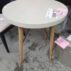 EX HIRE - TALL CREAM ROUND SIDE TABLE SOLD AS IS
