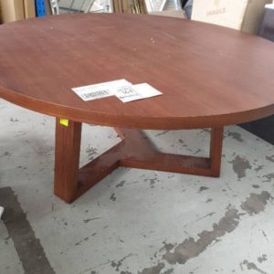 EX HIRE - LARGE ROUND TIMBER DINING TABLE ON PEDESTAL SOLD AS IS