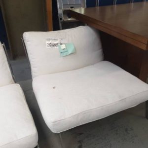 EX FURNITURE HIRE - CREAM CUSHION LOW CHAIR WITH BROWN RATTAN BACK SOLD AS IS