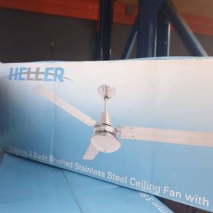 HELLER 1200MM 3 BLADE BRUSHED STAINLESS STEEL CVEILING FAN WITH OYSTER LIGHT TRINITY