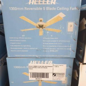 HELLER 1300MM CEILING FAN/5 WHITE/WASHED OAK REVERSIBLE BLADE AIR COOLING SHELBY