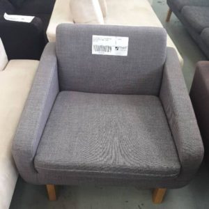 EX FURNITURE HIRE - GREY MATERIAL ARMCHAIR WITH TIMBER FRAME SOLD AS IS