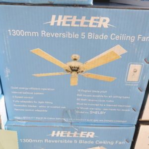 HELLER 1300MM CEILING FAN/5 WHITE/ WASHED OAK REVERSIBLE BLADE/AIR COOLING SHELBY