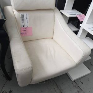SECOND HAND - WHITE LEATHER SWIVEL ARM CHAIR SOLD AS IS