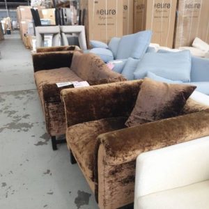EX HIRE - BROWN VELVET LOUNGE SUITE CONSISTS OF 2.5 SEATER & 2 ARM CHAIRS SOLD AS IS