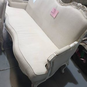 EX HIRE FURNITURE - FRENCH PROVINCIAL 3 SEATER CREAM COUCH CARVED TIMBER FRAME AND LEGS SOLD AS IS