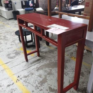 EX HIRE - RED CONSOLE TABLE WITH NO DRAWERS SOLD AS IS SOLD AS IS