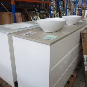 LUSH 1500MM FLOOR VANITY WITH 6 DRAWERS AND TAUPE STONE TOP WITH 2 ABOVE COUNTER BOWLS (MEADOW)