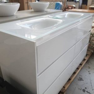 LUSH 1500MM FLOOR VANITY WITH 6 DRAWERS AND WHITE GLASS VANITY TOP