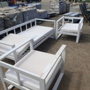 EX HIRE - WHITE OUTDOOR SETTING 2 ARM CHAIRS 1 COUCH CUSHIONS SOLD AS IS