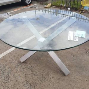 EX HIRE - ROUND GLASS DINING TABLE WITH CHROME BASE SOLD AS IS