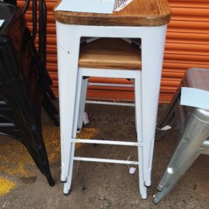 EX HIRE - WHITE BAR STOOL WITH TIMBER SEAT SOLD AS IS