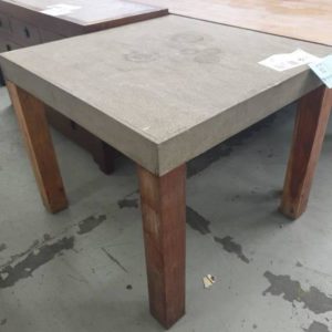 EX HIRE - SQUARE CONCRETE STYLE SMALL DINING TABLE WITH TIMBER LEGS SOLD AS IS