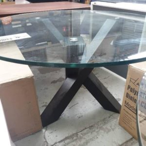 EX HIRE - ROUND GLASS DINING TABLE SOLD AS IS **PLEASE NOTE THAT THE GLASS IS EXTREMELY HEAVY - PLEASE BRING APPROPRIATE TRANSPORT & PEOPLE TO LOAD**