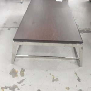 EX HIRE - TIMBER COFFEE TABLE WITH CHROME LEGS SOLD AS IS