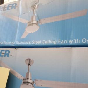 HELLER 1200MM 3 BLADE BRUSHED STAINLESS STEEL CEILING FAN WITH OYSTER LIGHT TRINITY