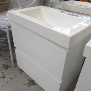 600MM WALL HUNG 2 DRAWER VANITY WITH POLY SQUARE TOP SLIGHTLY OFF COLOUR SOLD AS IS