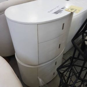 EX HIRE - PAIR OF CURVED WHITE BEDSIDE TABLES SOLD AS IS