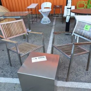 EX HIRE - TIMBER & CHROME 3 PIECE BALCONY SET SOLD AS IS 2 CHAIRS AND 1 CHROME SIDE TABLE