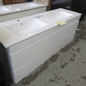 1500MM WALL HUNG VANITY WITH 3 CENTRAL DOORS AND 2 DRAWERS AT EACH END WITH WHITE DOUBLE BOWL VANITY TOP