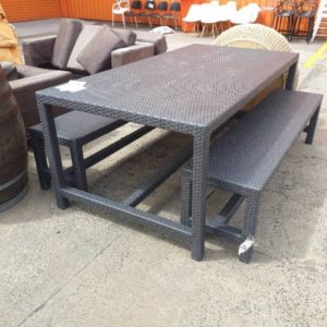 EX HIRE - RATTAN OUTDOOR TABLE WITH BENCH SEATS SOLD AS IS