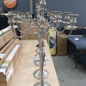 EX HIRE - BRASS NICKEL PLATED 5 ARM CANDELABRA 80CM (SOLD AS IS)