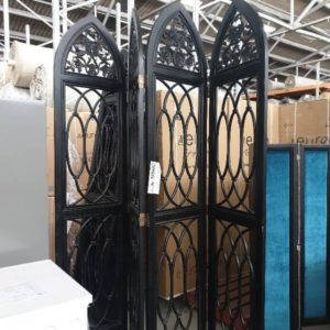EX HIRE - TALL BLACK GOTHIC STYLE ROOM DIVIDERS SOLD AS IS
