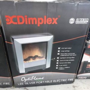 EX DISPLAY DIMPLEX 2KW SILVER PORTABLE ELECTRIC FIRE WITH OPTIFLAME LOG EFFECT - MODEL LEE WITH 3 MONTH WARRANTY
