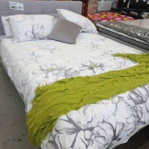EX RETAIL DISPLAY - BRAND NEW GREY UPHOLSTERED QUEEN BEDFRAME WITH MATTRESS DOONA COVER BLANKET & PILLOWS SOLD AS IS