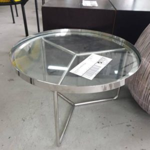 EX HIRE GLASS & CHROME SIDE TABLE SOLD AS IS