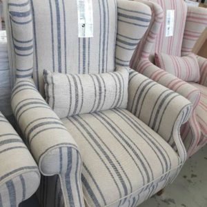 EX HIRE - GREY STRIPE WING BACK WITH CUSHION SOLD AS IS