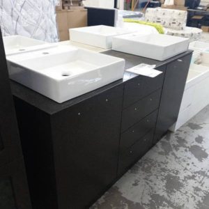 1500MM DOUBLE BOWL VANITY WITH WENGE CABINET STONE TOP AND RIVA ABOVE COUNTER BOWLS MODEL BV915T