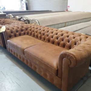 BRAND NEW TAN ANILINE BRUSHED LEATHER CHESTERFIELD STYLE 3 SEATER COUCH