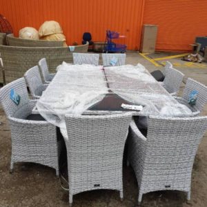 NEW 11 PIECE OUTDOOR DINING SETTING RATTAN AND GLASS LARGE DINING TABLE WITH 10 CHAIRS RRP$2475