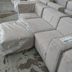 EX HIRE CREAM MATERIAL MODULAR 3 SEATER COUCH WITH OTTOMAN SOLD AS IS