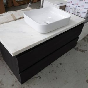 NOVA DARK ASH 1200MM WALL HUNG VANITY WITH DRAWERS AND CARRERA STONE TOP WITH COMO ABOVE COUNTER BASIN RRP$1399