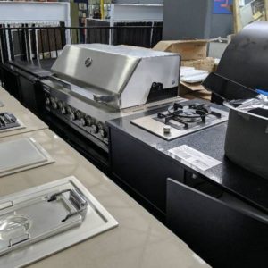 EX DISPLAY VIVA ALFRESCO KITCHEN INCLUDING 1200M S/STEEL BBQ (EAL1200RBQ)  S/STEEL UNDERMOUNT SINK AND MIXER TAP STAR BLACK STONE BENCH TOPS TOTAL LENGTH 3550MM